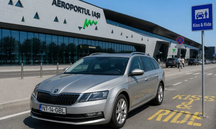 Mașină de închiriat în fața Aeroportului Iași, în zona Kiss & Ride, pentru serviciile Carpatian Rent a Car.